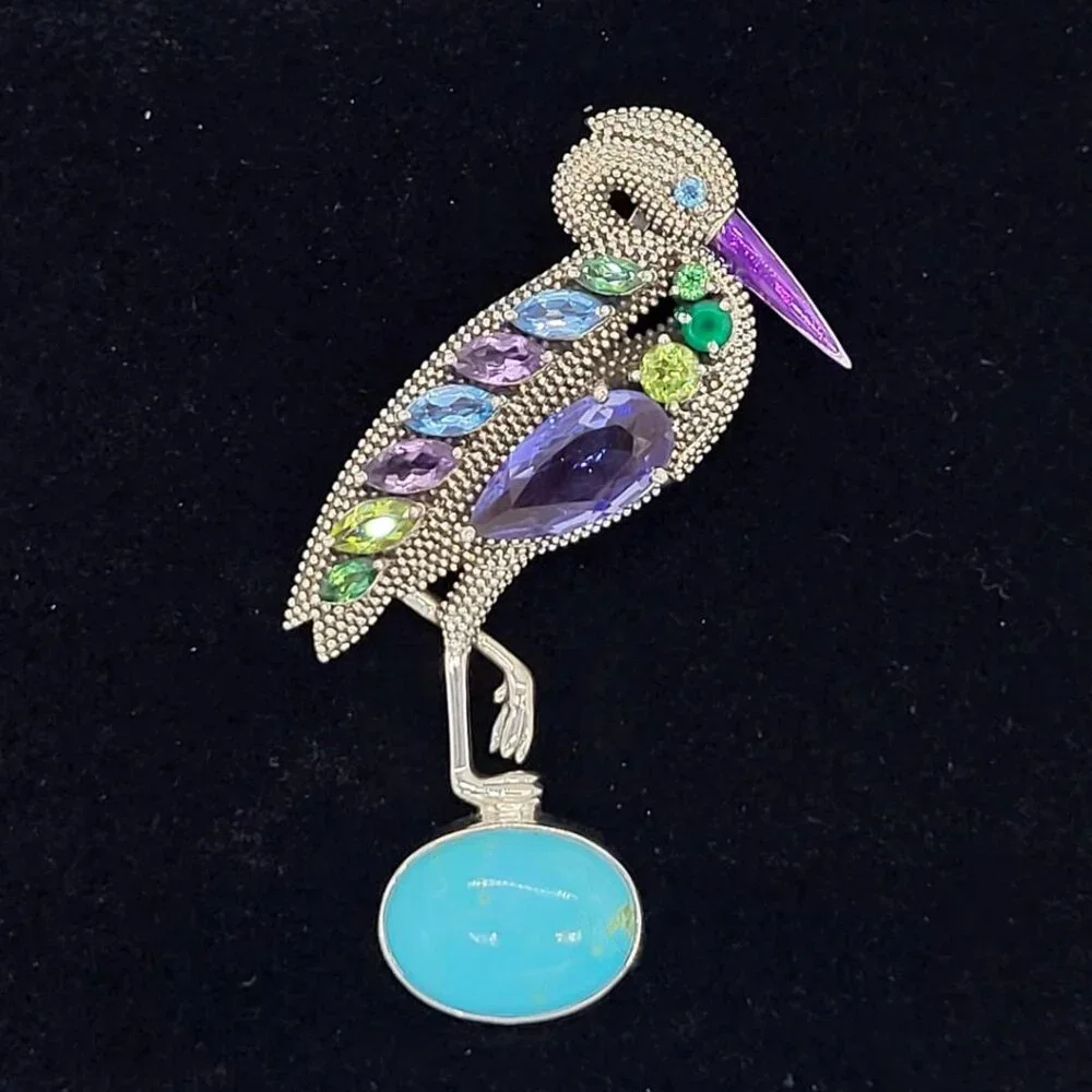 Nicky Butler Rare Heron Brooch Pendant Turquoise & Gemstone .925 Sterling SIlver - Picture 5 of 12